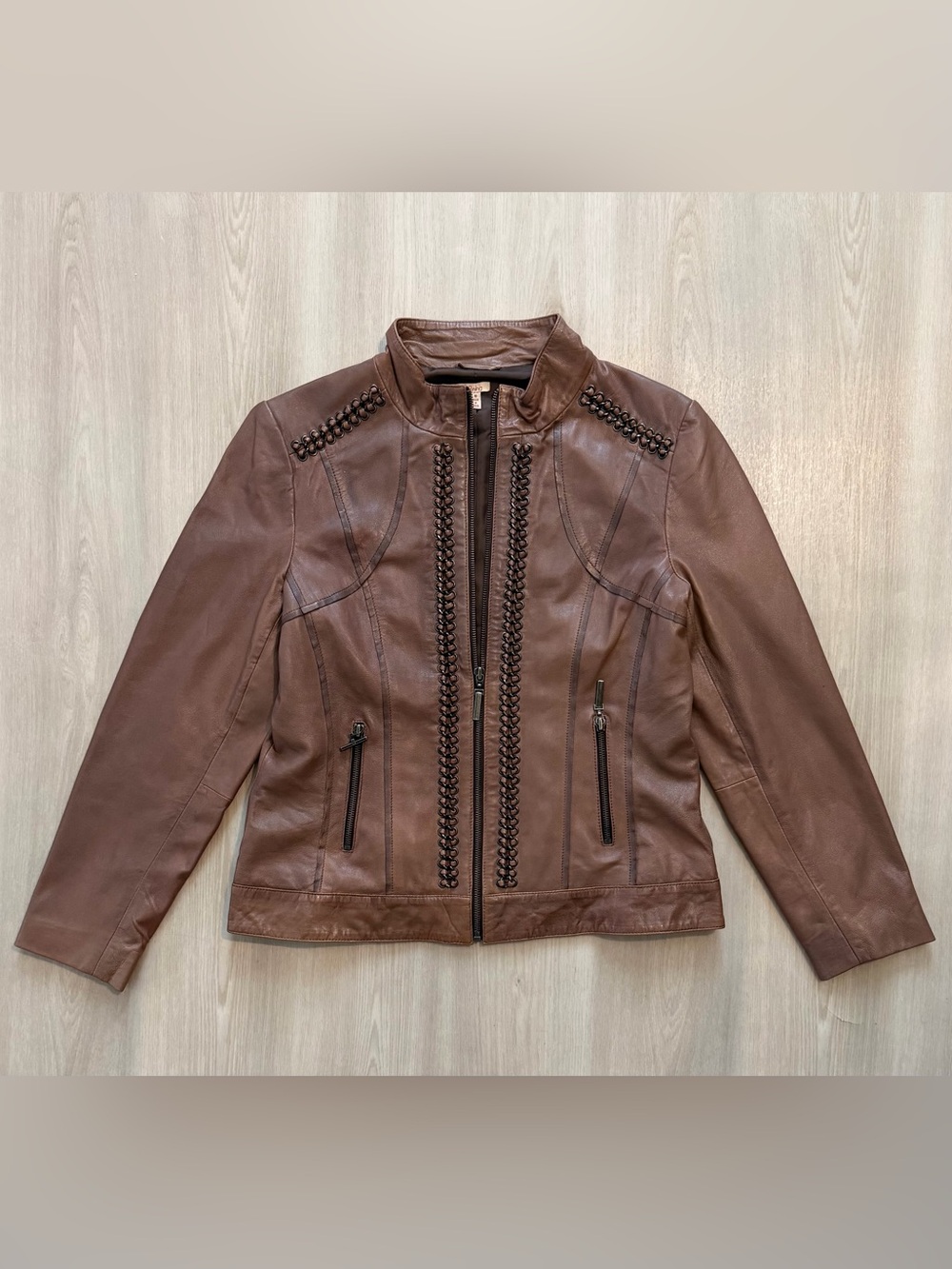 Reba Genuine Leather Jacket Sz M Braided Trim Moto Western * See Pics
